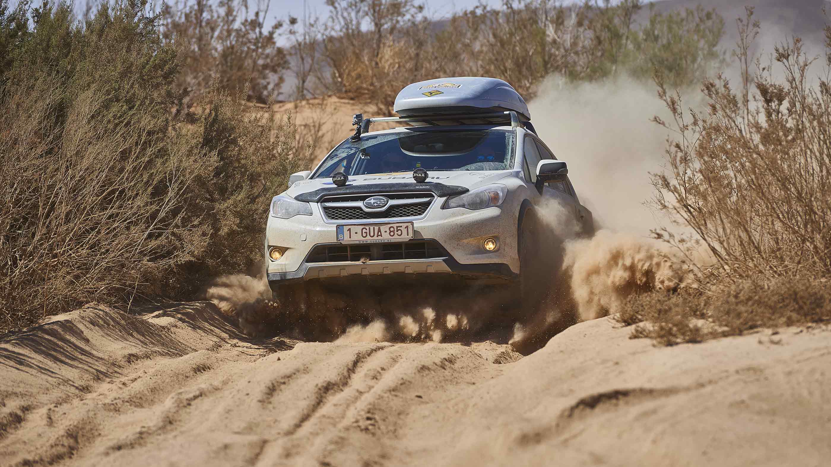 A Subaru XV in a sandy pass in Morocco
